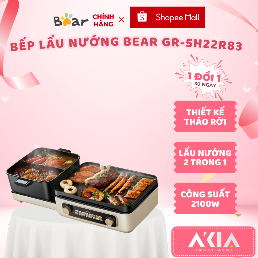 Bếp lẩu nướng đa năng Bear GR-5H22R83, dung tích 4L, công suất 2100W, chính hãng, BH 18 tháng