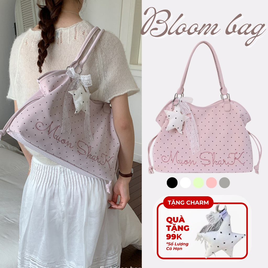 Túi tote nữ da lộn mềm mịn họa tiết chấm bi màu pastel dung tích lớn tặng kèm charm sao dễ thương túi xách nữ thời trang