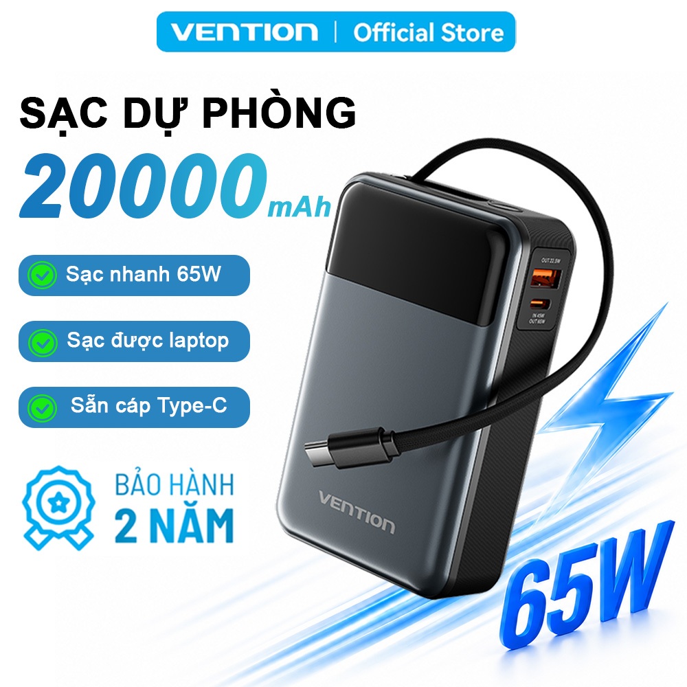 Sạc Dự Phòng 65W Vention 20000mAh, Hỗ Trợ Sạc Nhanh PD, Tích Hợp Cáp Sạc Type-C, Màn Hình LED Dùng Cho Điện Thoại Laptop