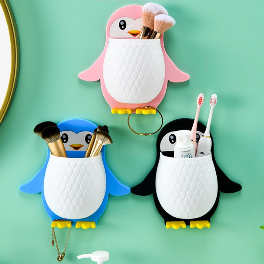 Kệ Treo Tường Đa Năng, Kệ Dán Tường Hình Chim Cánh Cụt Đựng Đồ Cá Nhân Mỹ Phẩm Bàn Chải Dễ Thương