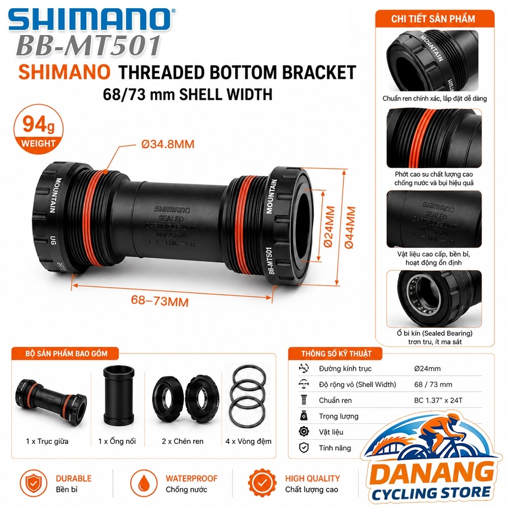 Trục Giữa BB Cốt Rỗng Xe Đạp SHIMANO BB MT501 BSA (BB Vặn) – Chính Hãng, Không Hộp