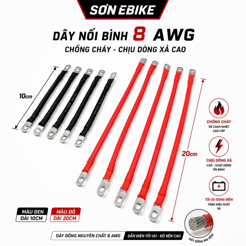 Dây Nối Bình Ắc Quy Xe Điện Chịu Tải Cao Dây Silicon Chống Cháy 8AWG 10AWG