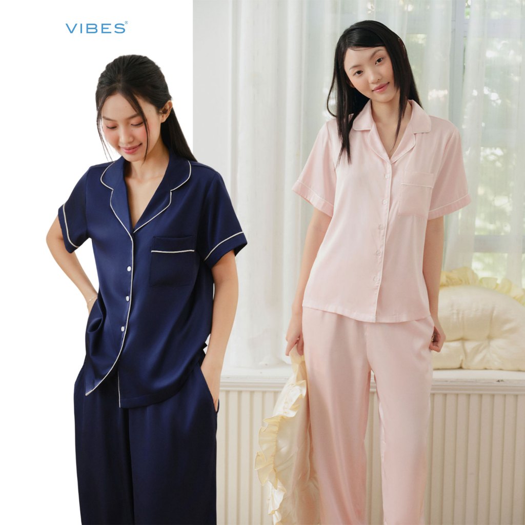 VIBES Đồ bộ Pijama dài Lụa trơn cao cấp Silk Long Py Set mặc nhà mềm mại, mát lạnh, thoải mái