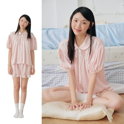 VIBES Đồ bộ pijama ngắn cổ sen freesize Lụa trơn cao cấp FS Blushie Bow Set phom rộng 45-65kg mặc nhà