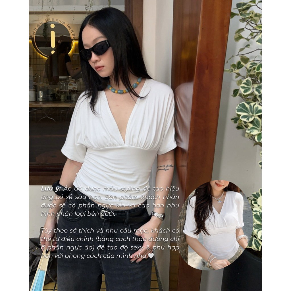 𝐋𝐮𝐧𝐚 𝐖𝐢𝐧𝐠 - Áo Thun Cánh Dơi Cổ V Nhún Eo 𝙗𝙮 𝙣𝙤𝙘𝙤.𝙡𝙖𝙗𝙚𝙡 Chất Liệu Borib Mềm Mịn Phong Cách Basic Minimal | BigBuy360 - bigbuy360.vn