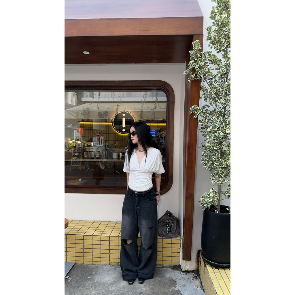 𝐋𝐮𝐧𝐚 𝐖𝐢𝐧𝐠 - Áo Thun Cánh Dơi Cổ V Nhún Eo 𝙗𝙮 𝙣𝙤𝙘𝙤.𝙡𝙖𝙗𝙚𝙡 Chất Liệu Borib Mềm Mịn Phong Cách Basic Minimal | BigBuy360 - bigbuy360.vn