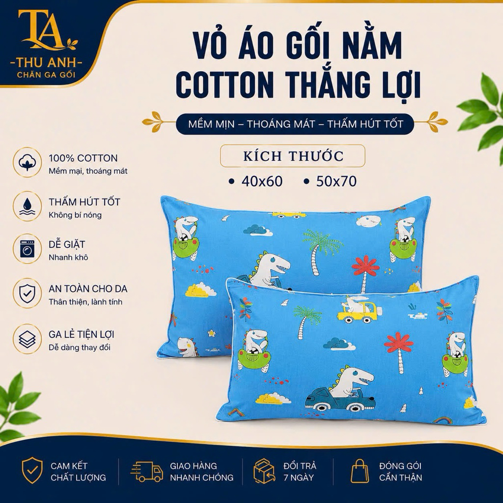 Vỏ gối nằm cotton Thắng Lợi in logo chính hãng TL Print 35x50 40x60 50x70 vải dày dặn thoáng mát