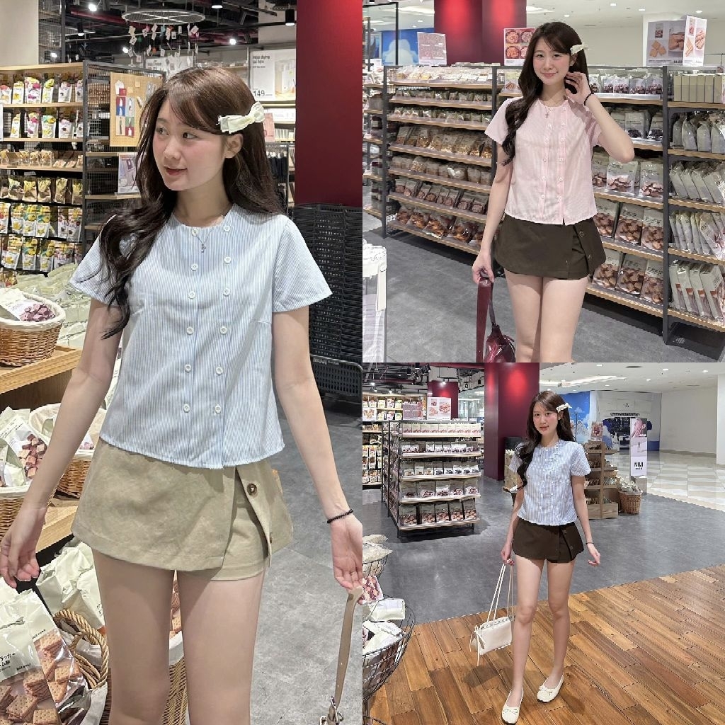 áo sơ mi kẻ sọc cổ tròn phong cách hàn quốc | BigBuy360 - bigbuy360.vn