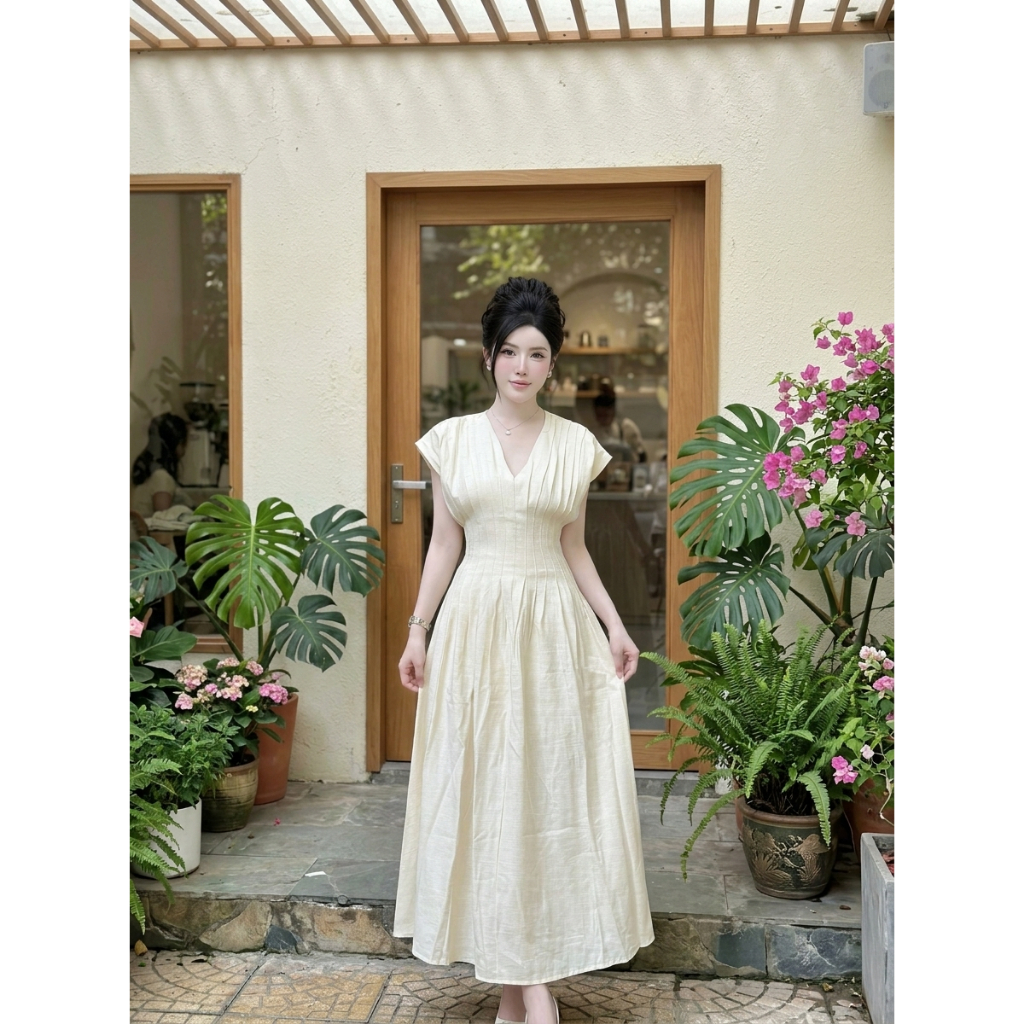 Đầm Nữ Dáng Dài Cổ V Màu Kem Nhún Eo – Váy Maxi Nữ Thanh Lịch Đi Chơi, Dự Tiệc, Dạo Phố Chang Store 