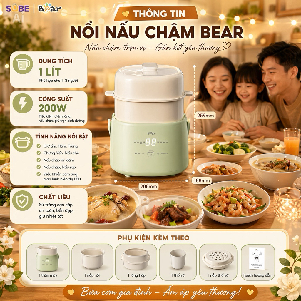 Nồi Nấu Chậm BEAR SC-4H10E Dung Tích 1 Lít, Kèm Xửng Hấp