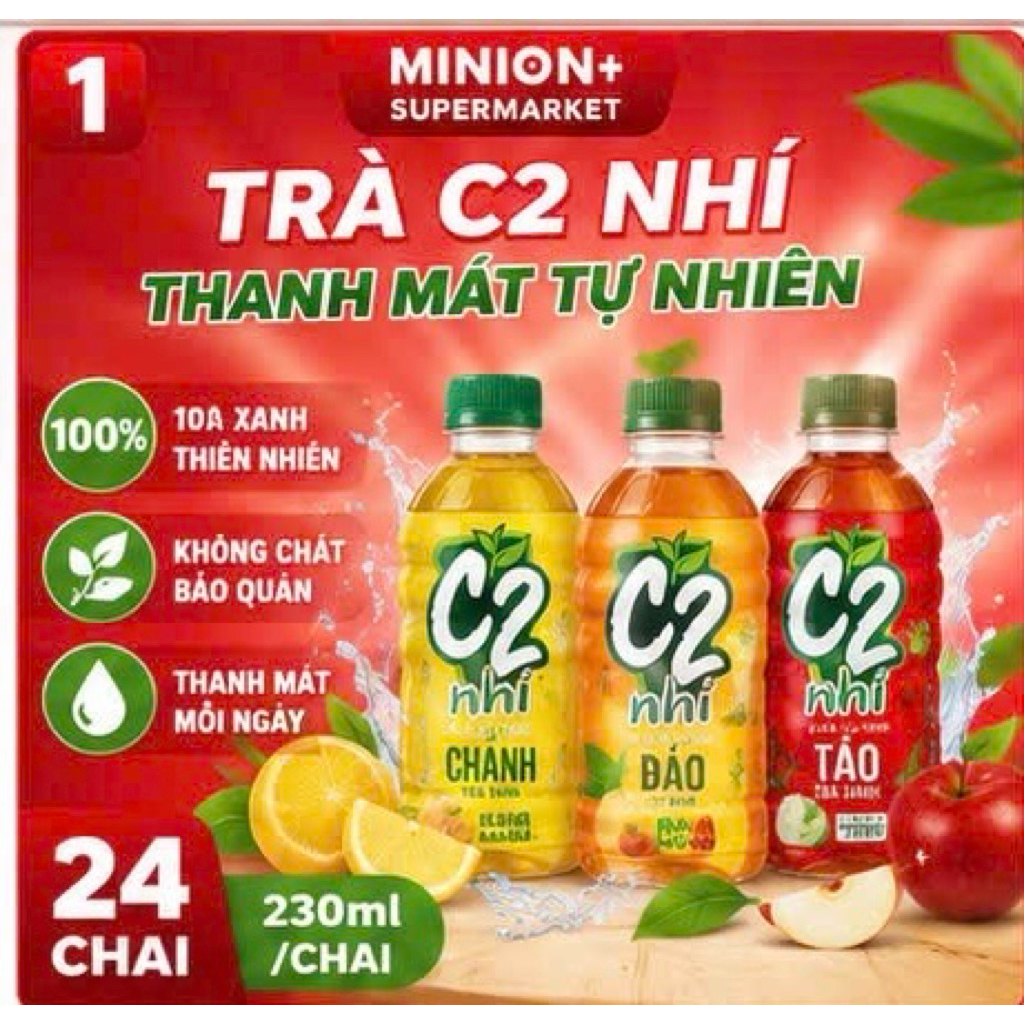 Thùng 24 chai trà xanh C2 nhí 230ml vị chanh đào táo nước trà giải khát tiện lợi thanh mát dễ uống