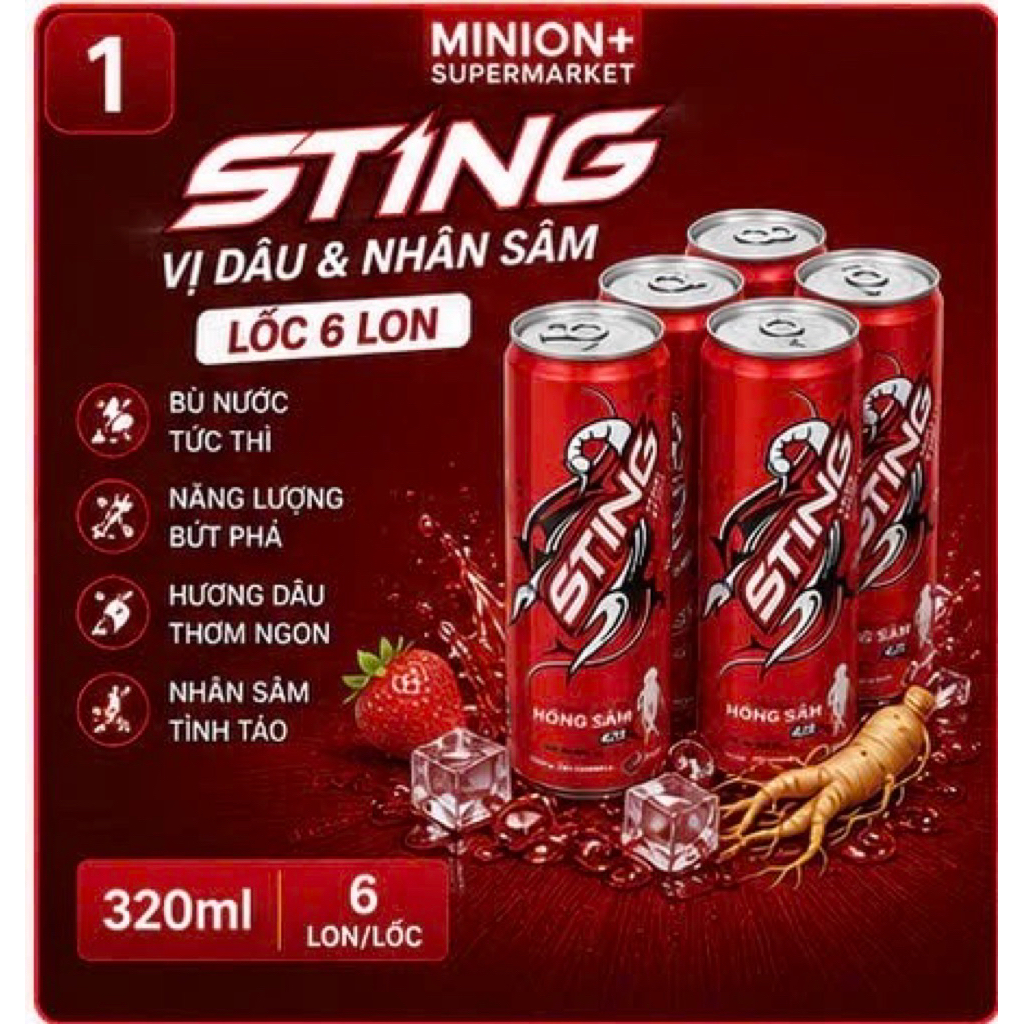Lốc 6 lon chai nước tăng lực Sting 320ml vị dâu nhân sâm thức uống giải khát tiện lợi dễ uống
