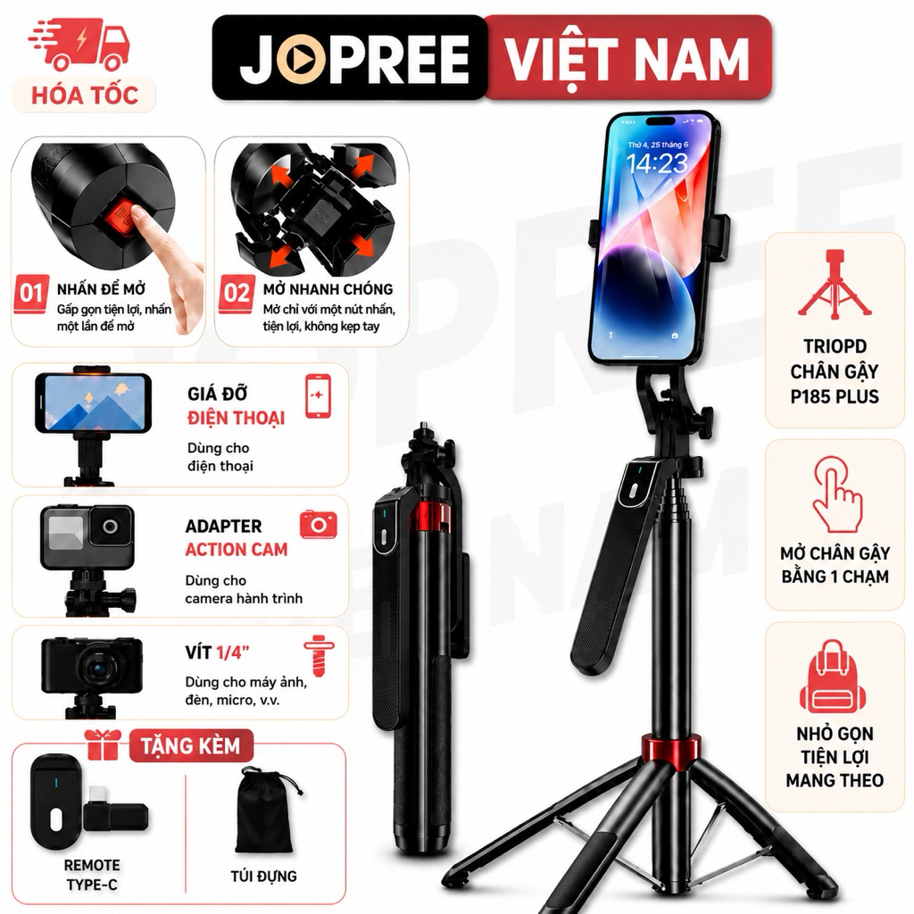 Tripod Gậy Selfie P185 Plus Đa Năng Mở Chân 1 Chạm ,Kèm Remote Bluetooth Dùng Cho Điện Thoại Máy Ảnh