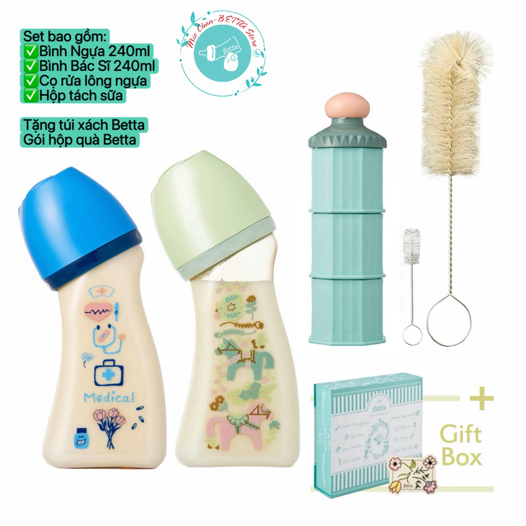 SET 2 BÌNH BETTA 240ml NGỰA + BÁC SĨ+ CỌ + HỘP TÁCH SỮA