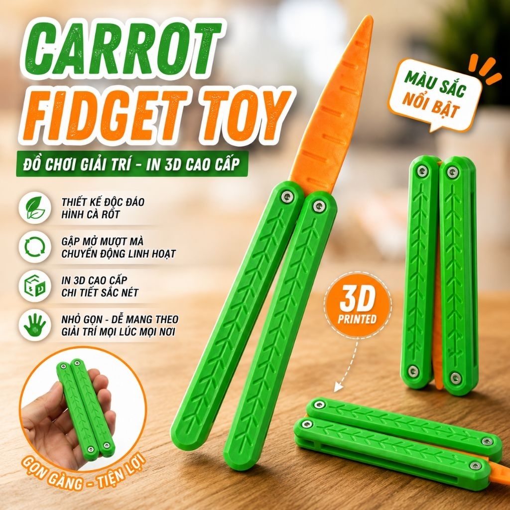Carrot Fidget Flip Toy (Balisong) In 3D - Mô Hình Cà Rốt Gập Độc Đáo, Đồ Chơi Thư Giãn Handmade