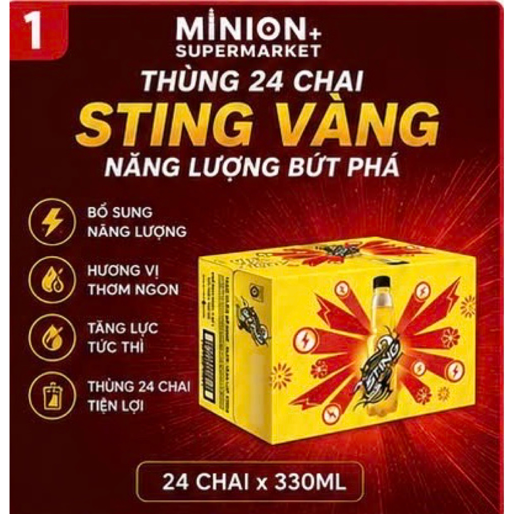 Thùng 24 chai nước tăng lực Sting Vàng 330ml thức uống giải khát tiện lợi vị đậm đà dễ thưởng thức