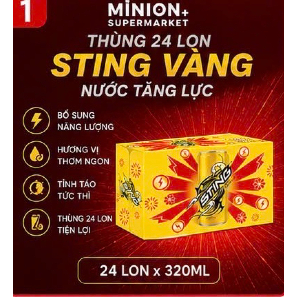 Thùng 24 lon nước tăng lực Sting Vàng 320ml thức uống giải khát tiện lợi vị đậm đà dễ thưởng thức