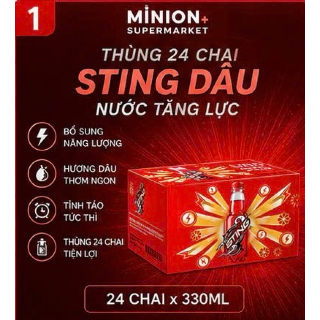 Nước Tăng Lực Sting Dâu 330ml Thùng 24 Chai | Sting | Bổ Sung Năng Lượng, Giải Khát Nhanh | Vị Dâu Đ