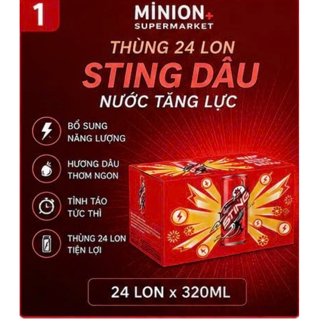 Nước Tăng Lực Sting Dâu 320ml Thùng 24 Lon | Sting | Bổ Sung Năng Lượng, Giải Khát Nhanh | Bao Bì Mớ