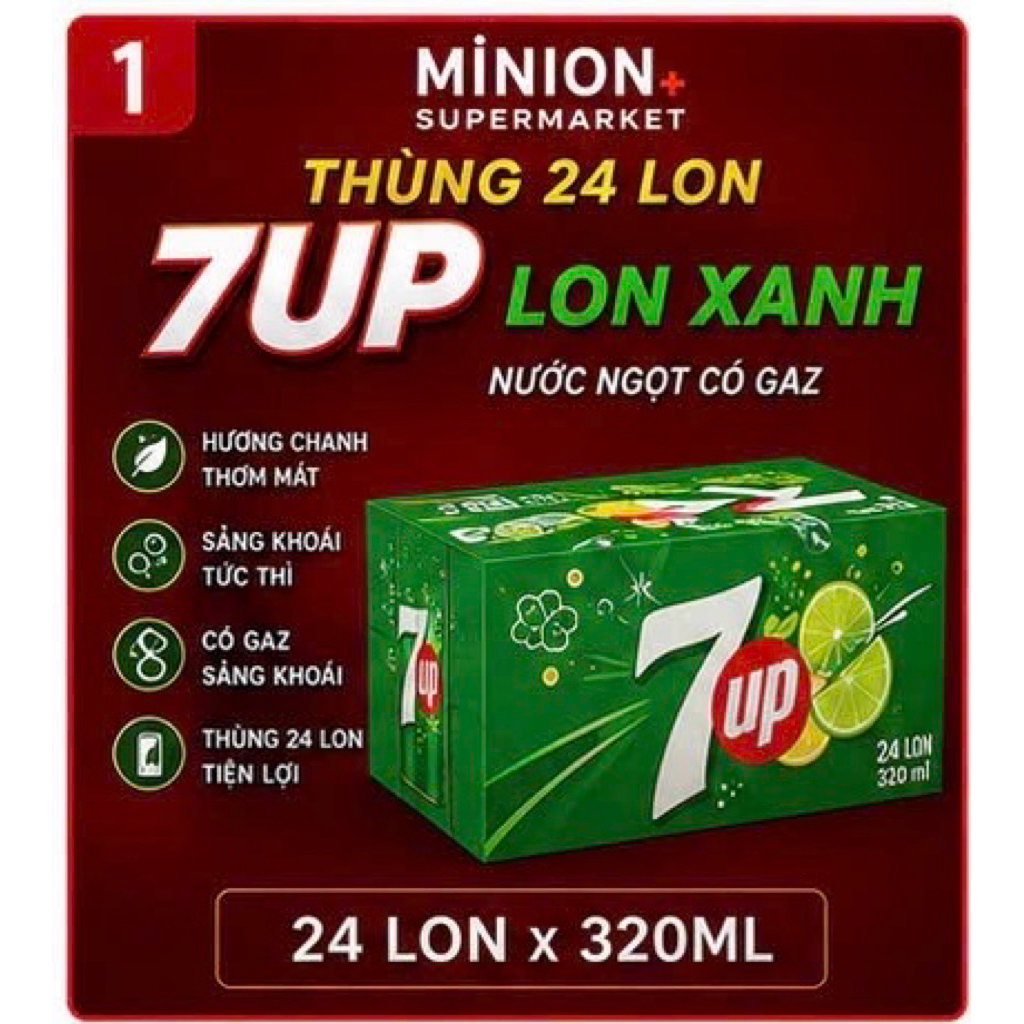 Nước Ngọt Có Ga 7Up Vị Chanh 320ml Thùng 24 Lon | 7Up | Giải Khát Sảng Khoái, Thanh Mát | Vị Chanh T