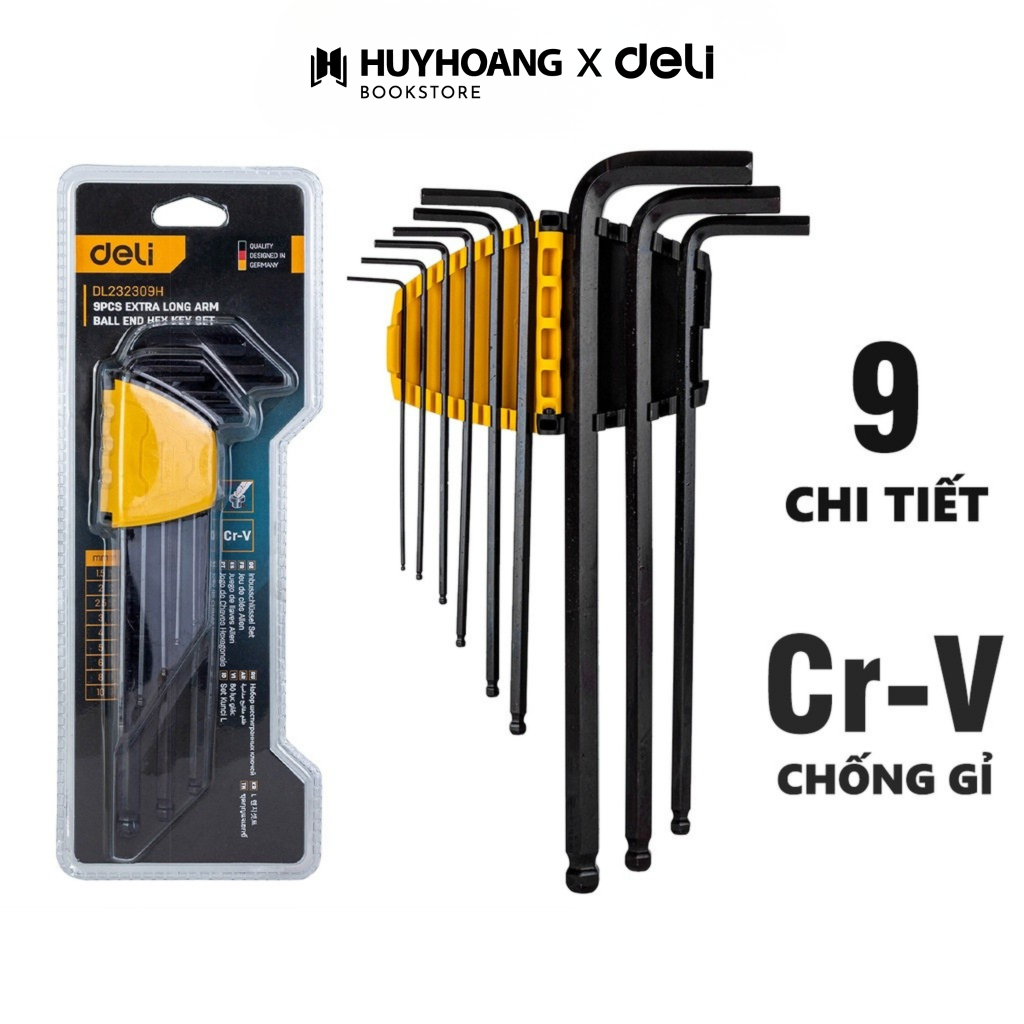 Bộ Lục Giác 9 Chi Tiết Deli Cao Cấp 2 Loại Đầu Bằng Và Đầu Bi Cứng Cáp-Chất Liệu CR-V -Vặn Mở Ốc Vít