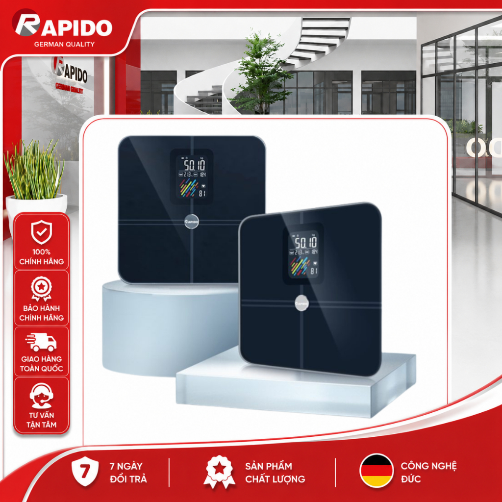 [RSB05–BS] Cân điện tử sức khỏe thông minh Rapido kết nối bluetooth, đo 21 chỉ số, bảo hành 12 tháng