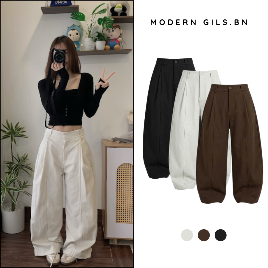 Quần Ống Rộng Kaki Nhật Cạp Sau Chun Đứng Form Hack Dáng Trẻ Trung Năng Động Hottrend Modern Girls