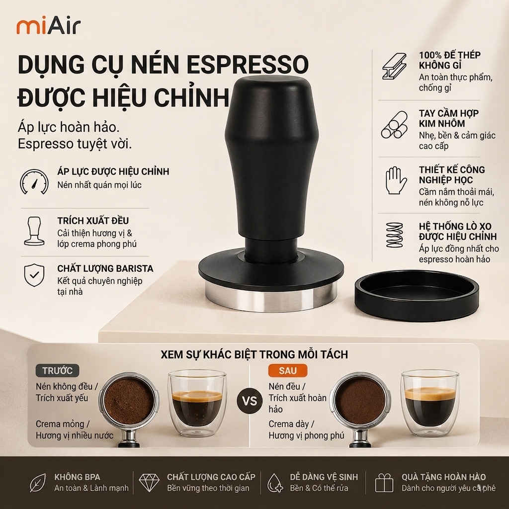 miAir Tamper Cà Phê Espresso 51mm 58mm Dụng Cụ Nén Cà Phê Inox Cao Cấp Phù Hợp Gemilai WPM KD Series