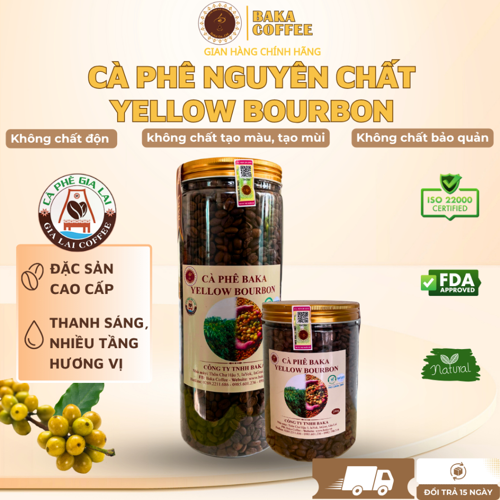Cà phê Yellow Bourbon Baka Coffee nguyên chất - Quả vàng đặc sản Gia Lai - Hậu ngọt tinh tế
