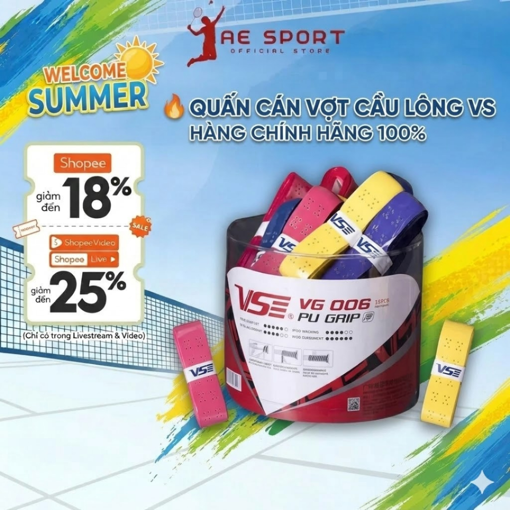 Quấn Cán Vợt Cầu Lông -  Cuốn Cán Vợt Pickleball VS Êm Ái Thấm Hút Nước Giao Màu Ngẫu Nhiên