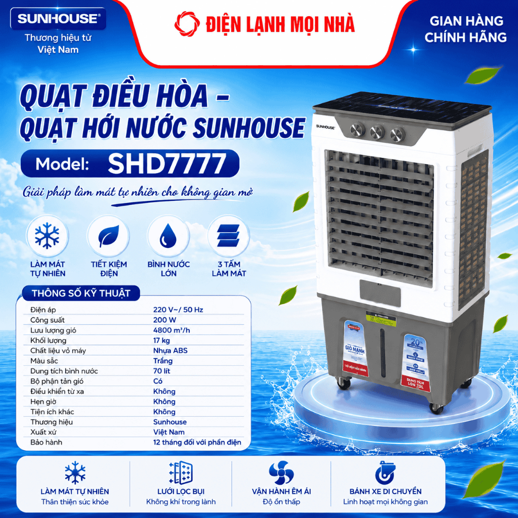 Quạt điều hòa, quạt hơi nước Sunhouse SHD7777 làm mát hiệu quả, tiết kiệm điện- Chính Hãng