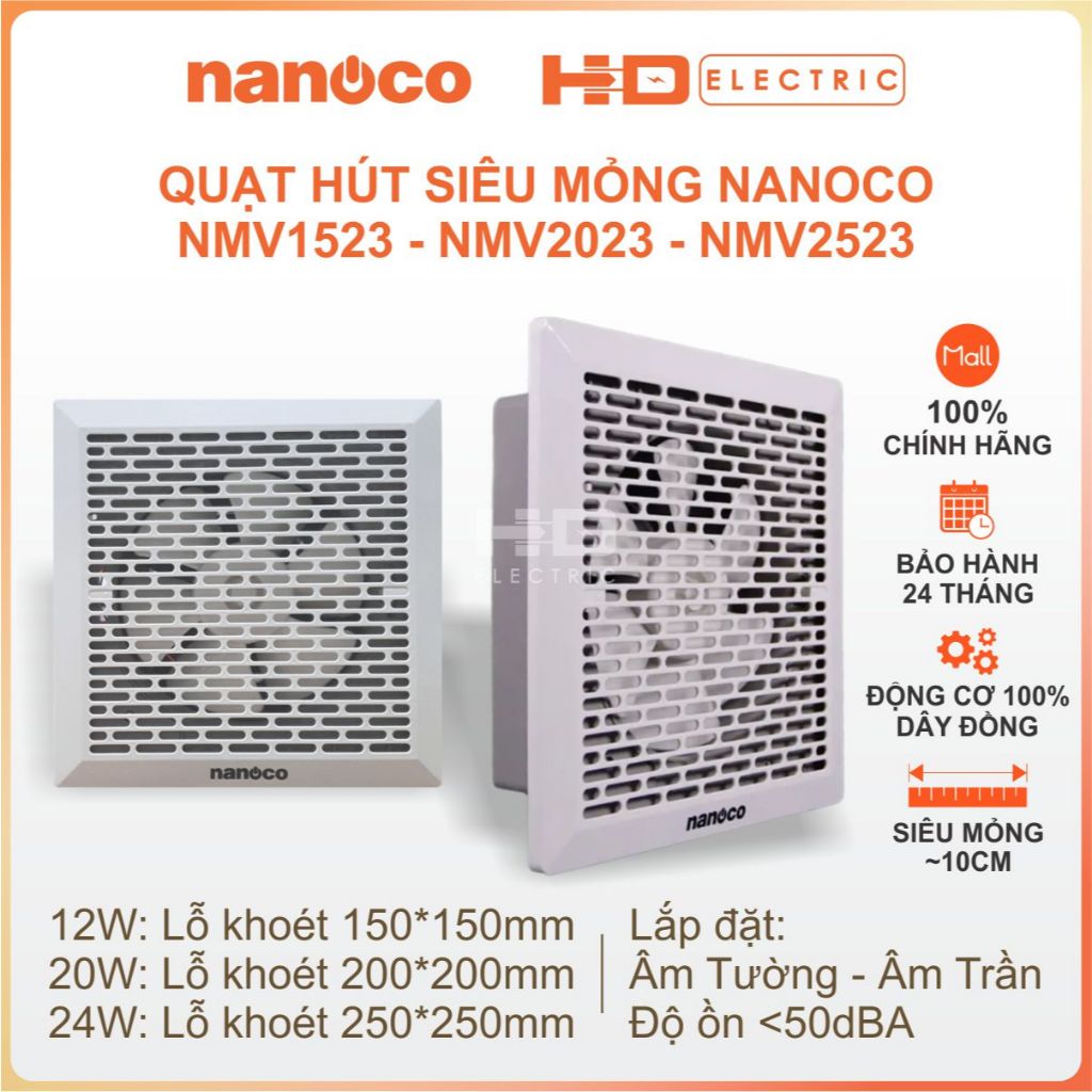 Quạt hút Thông gió Siêu mỏng Nanoco NMV1523 NMV2023 NMV2523 - Quạt hút mùi Gắn Tường 12W 20W 24W