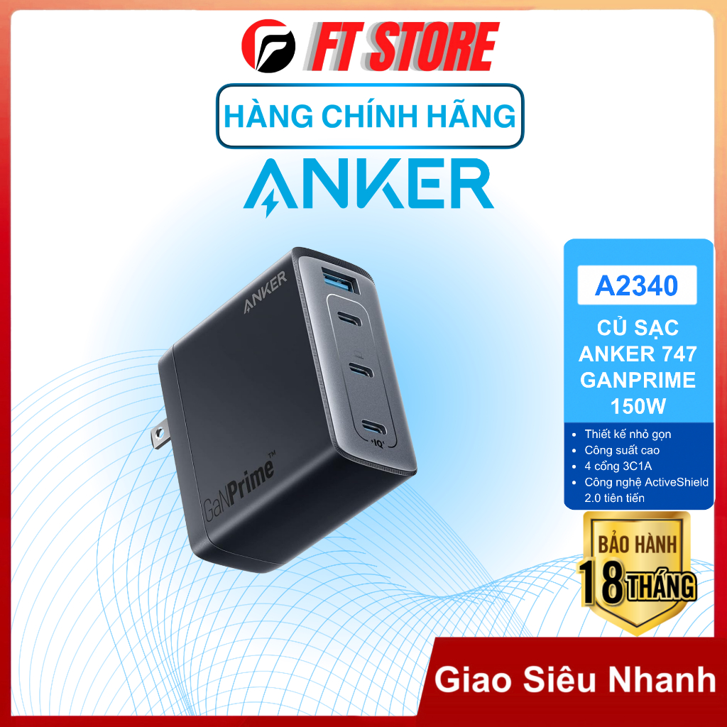 Củ Sạc Nhanh Anker Prime 747 A2340 150W 4 Cổng 3C1A, Công Nghệ Mới IQ4.0, Hỗ Trợ PD/PPS - BH18T