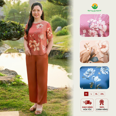 Bộ trung niên cho bà cho mẹ chất lụa Việt Thắng , quần dài áo cộc tay họa tiết B48.6077