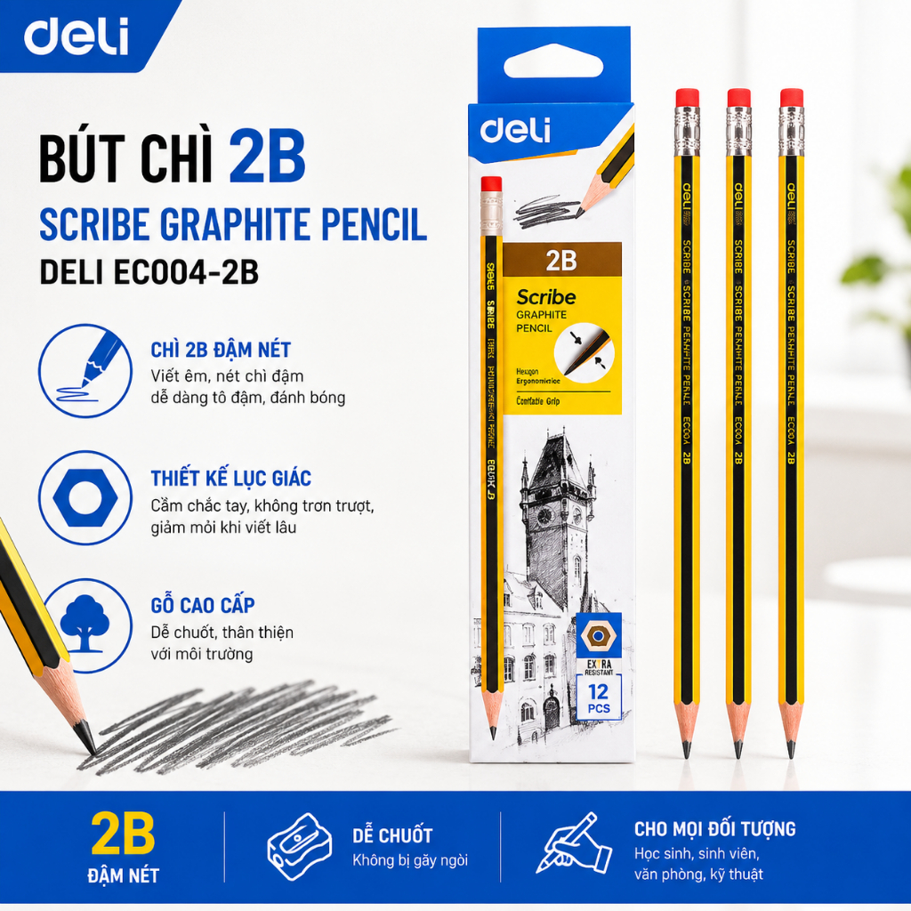 Hộp 12 Cây Bút Chì 2B Scribe Graphite Pencil Deli EC004-2B