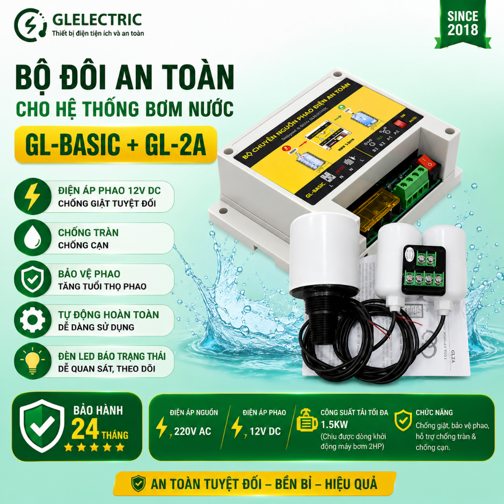 Bộ Đôi Phao Điện 12V GL-BASIC + GL2A 1.5KW | Chống Giật Chống Tràn Tự Động | BH 24T