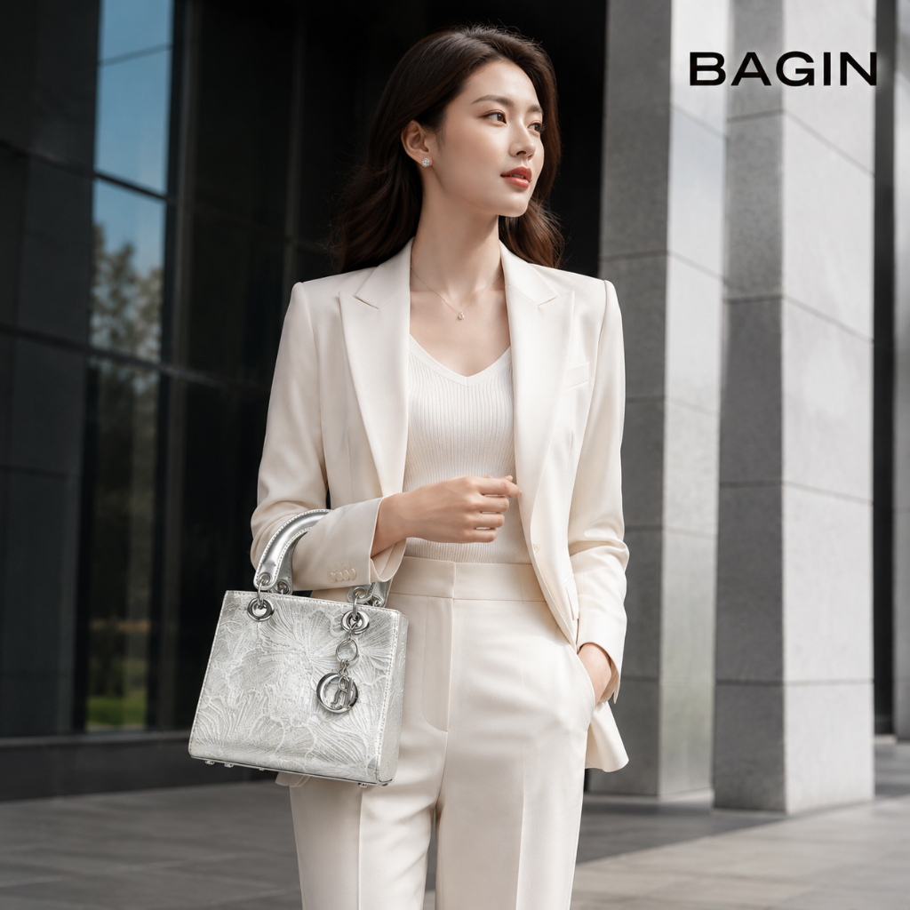 BAGIN Túi Xách Nữ Ánh Bạc Họa Tiết Hoa, Túi Mini Xách Tay Thanh Lịch Phù Hợp Công Sở