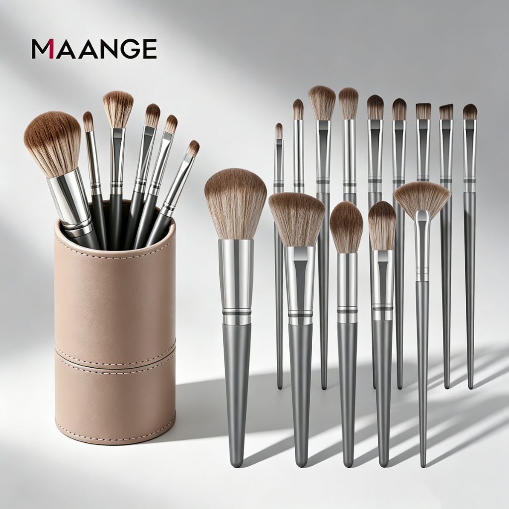 Bộ 14 cọ trang điểm cá nhân kèm túi da xám MAANGE Set cọ trang điểm cá nhân 1414