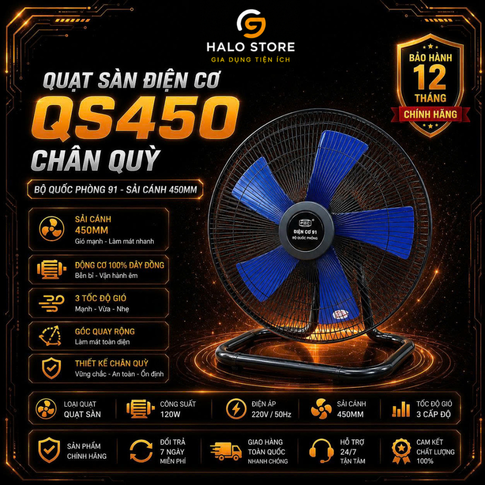 Quạt Sàn Điện Cơ 91 Bộ Quốc Phòng QS450 | Quạt Chân Quỳ 450mm | Quạt Điện Gió Mạnh, Bền Bỉ | Chính H