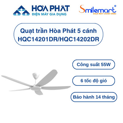 Quạt trần Hòa Phát 5 cánh HQC14201DR màu trắng / HQC14202DR màu đen - Bảo hành tại nhà 24 tháng.