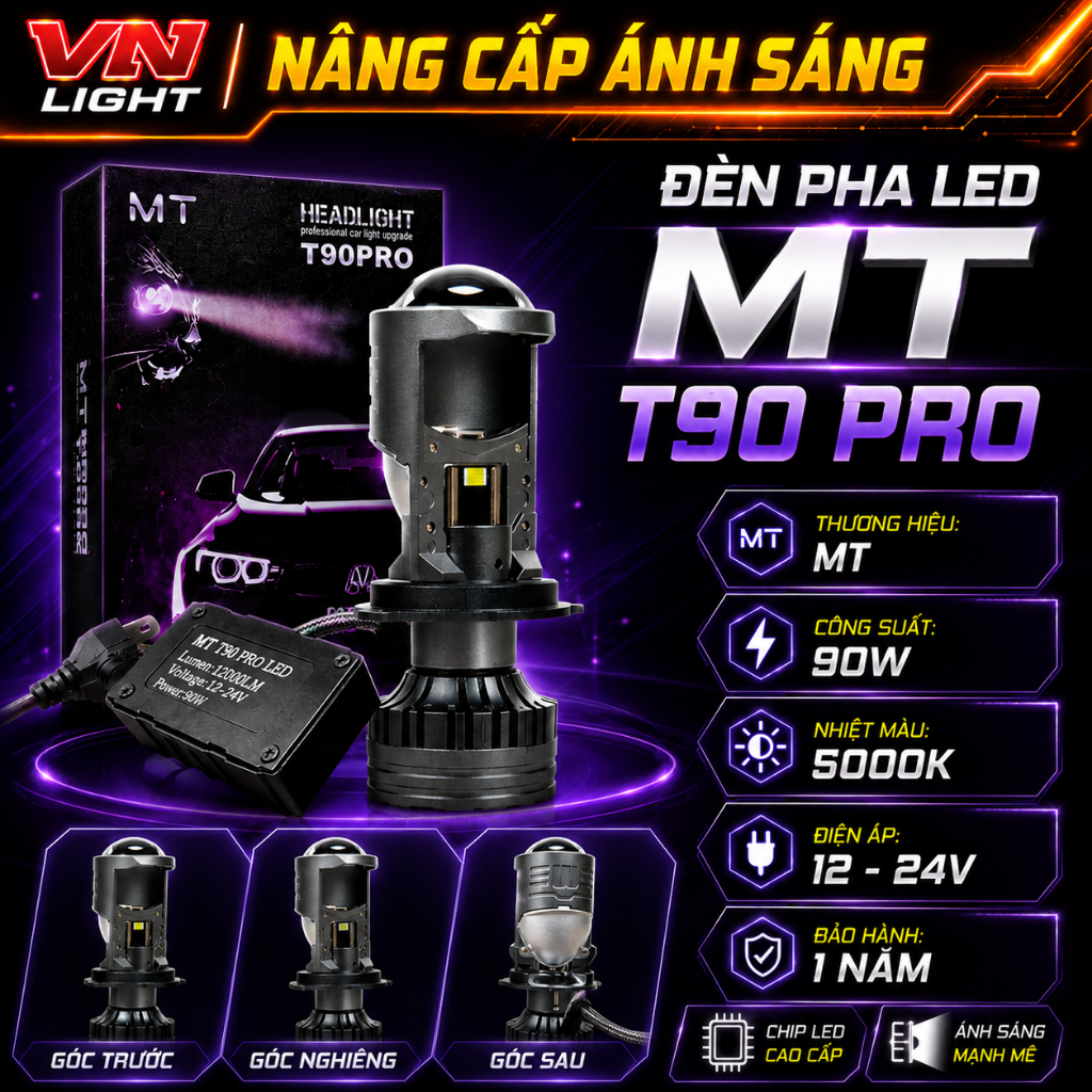 Đèn Pha LED MT T90 Pro 90W Chính Hãng Siêu Sáng Cos Pha Rõ Nét Bám Đường Tốt Cao Cấp BH 12 Tháng