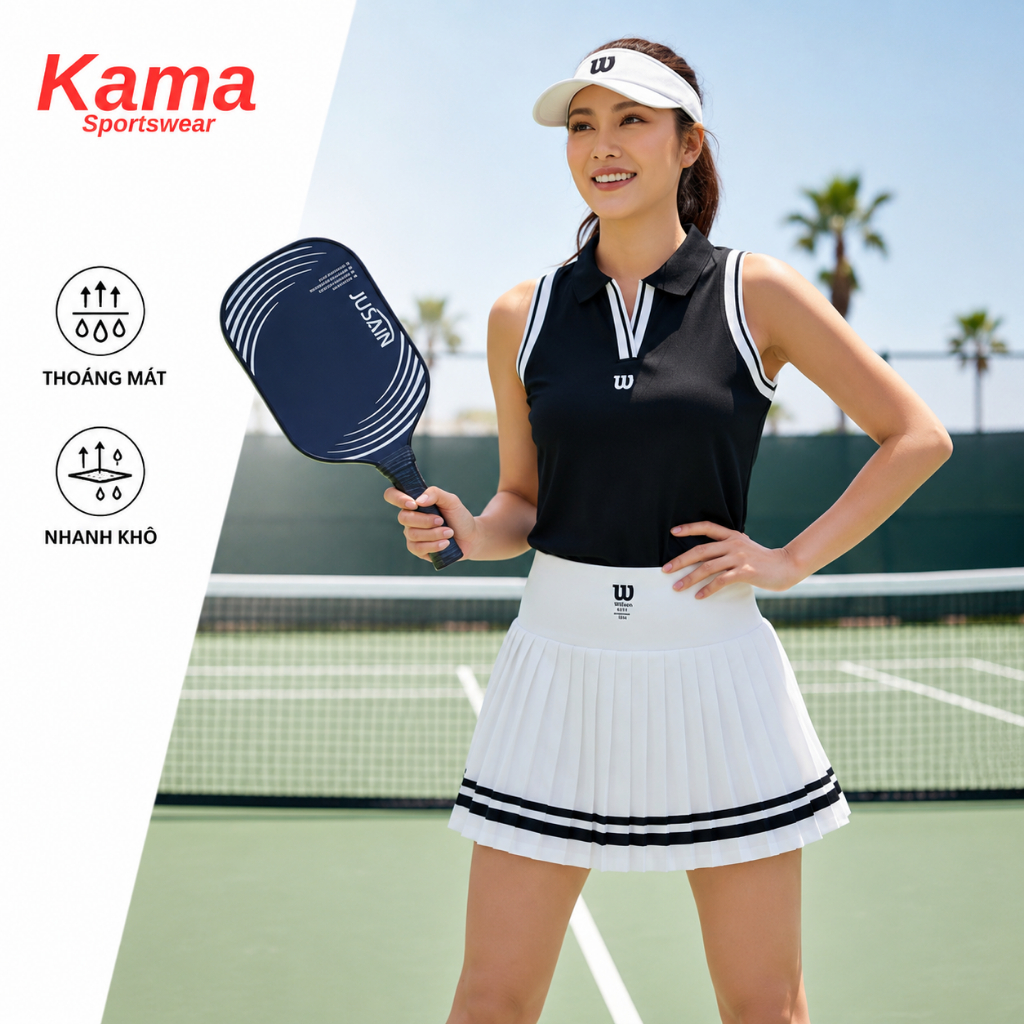 Bộ pickleball nữ KAMA SPORT BP125, áo sát nách có cổ mix chân váy xếp ly chất thun mềm
