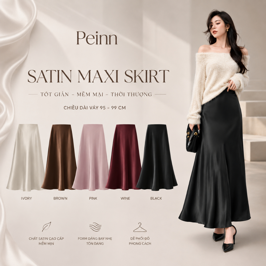 [Peinn] Chân váy lụa dài,Chân Váy Lụa Dáng Dài A ,Váy Dài Mùa Hè Thời Trang Sexyy Váy Chữ A dài 95-9