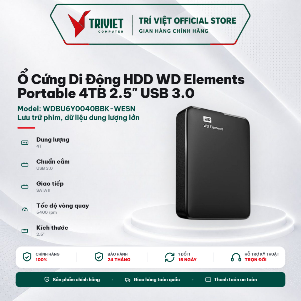 Ổ Cứng Di Động HDD WD Elements Portable 4TB 2.5" USB 3.0 - WDBU6Y0040BBK-WESN - Đen