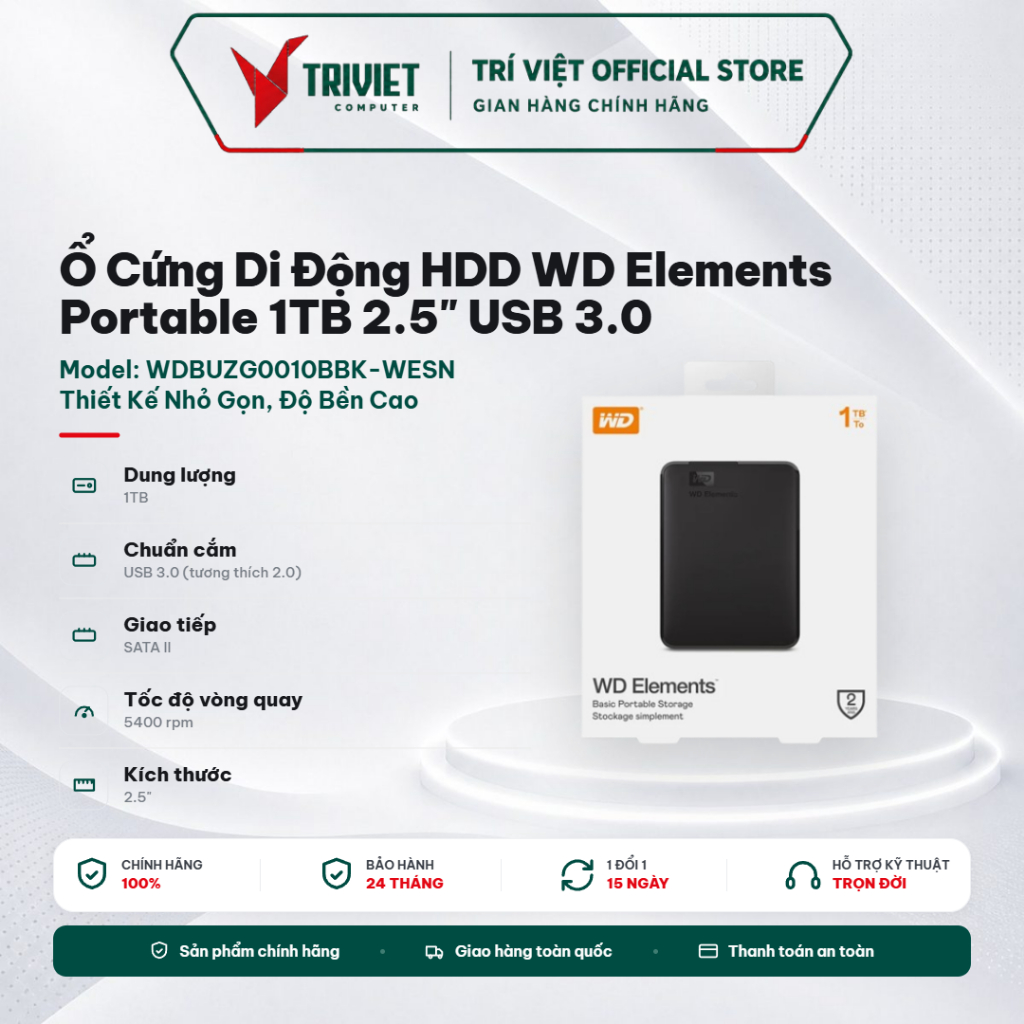 Ổ Cứng Di Động HDD WD Elements Portable 1TB 2.5" USB 3.0 - WDBUZG0010BBK-WESN (Đen)