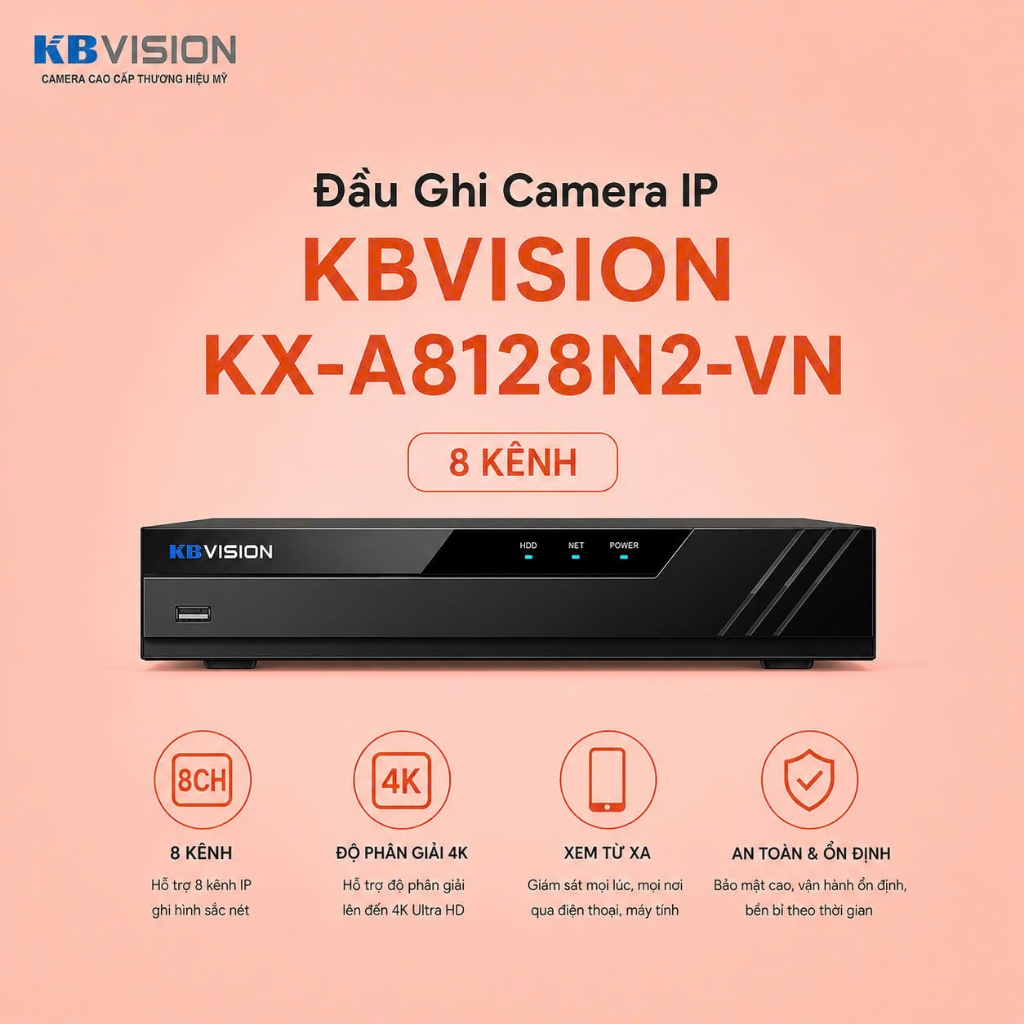 Đầu Ghi Camera IP 8 Kênh KBVISION KX-A8128N2-VN Hỗ Trợ Ổ Cứng 8TB Bảo Hành 24 Tháng