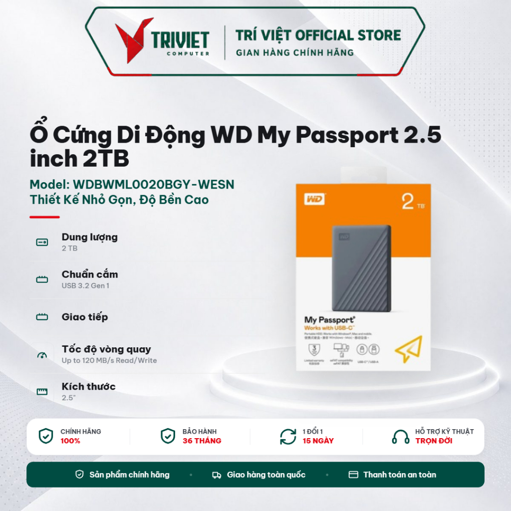 Ổ Cứng Di Động WD My Passport 2.5 inch 2TB - WDBWML0020BGY-WESN USB TypeC - Silicon Grey