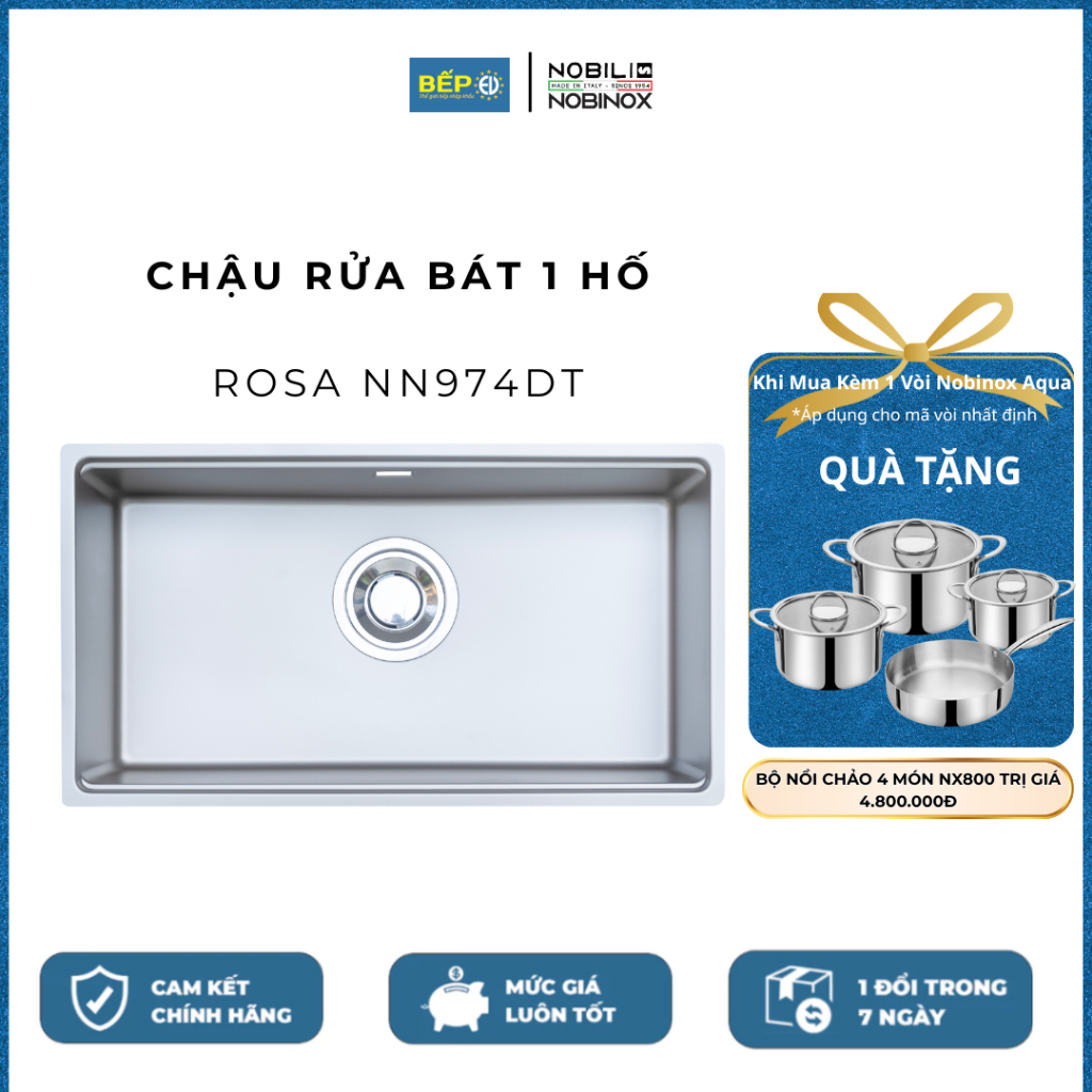 Chậu rửa bát 1 hố Nobinox ROSA NN974DT ( TẶNG bộ nồi 4 món NOBINOX PLANUM NX800 khi MUA kèm vòi AQUA