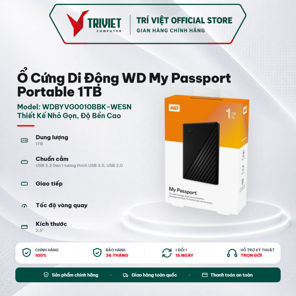 Ổ Cứng Di Động WD My Passport Portable 1TB - 2.5 inch - WDBYVG0010BBK-WESN
