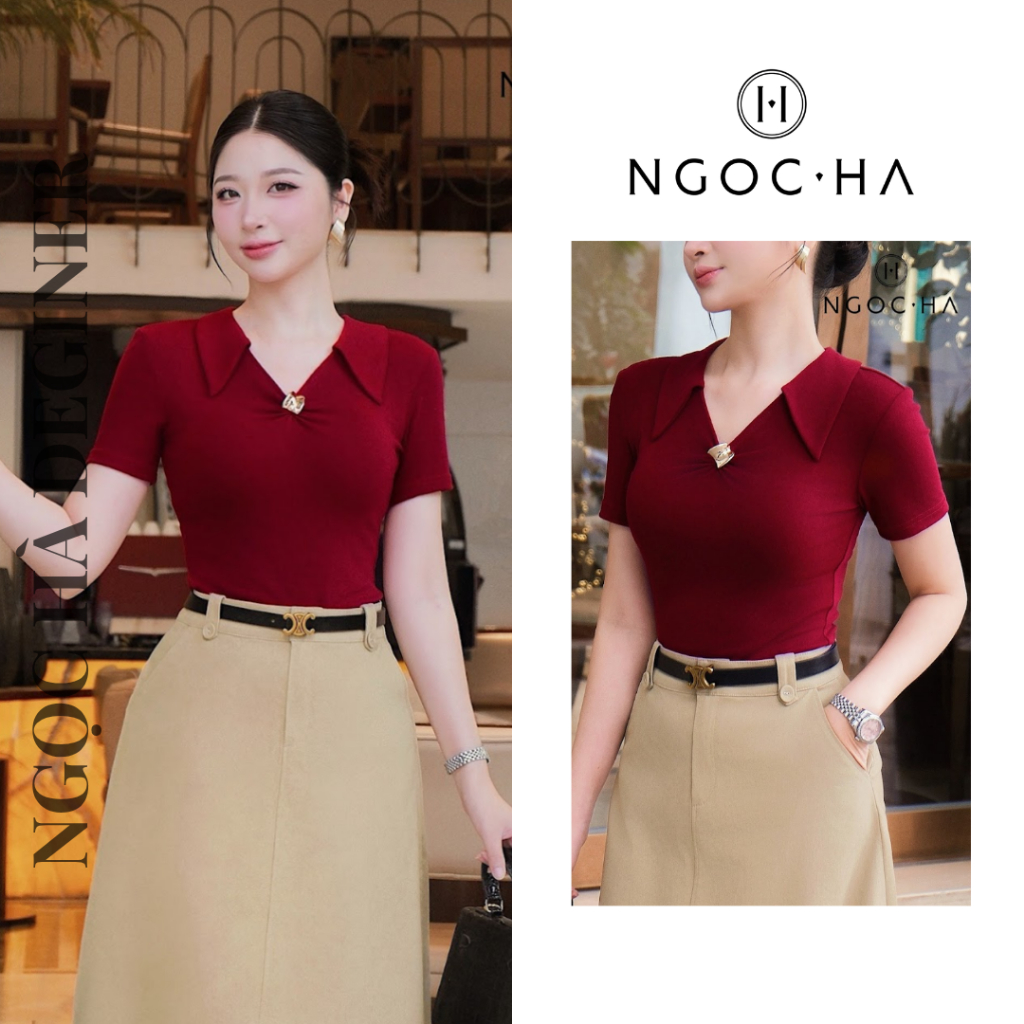 Áo Dệt Kim Tay NgắnCaryln Top Áo Thun Nhún Ngực Tay Cộc Màu Đỏ NGOC HA Design A1062
